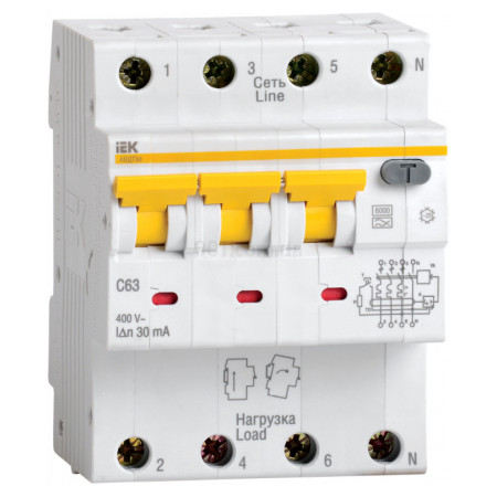 Автоматичний вимикач диф. струму АВДТ34 4P 10 А 10 мА хар-ка C тип A, IEK (MAD22-6-010-C-10) фото