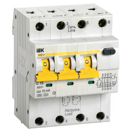 Автоматичний вимикач диф. струму АВДТ34 4P 16 А 10 мА хар-ка C тип A, IEK (MAD22-6-016-C-10) фото