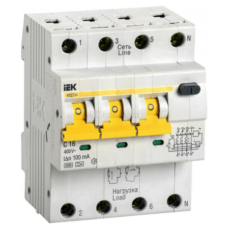 Автоматический выключатель диф. тока АВДТ34 4P 16 А 100 мА хар-ка C тип A, IEK (MAD22-6-016-C-100) фото