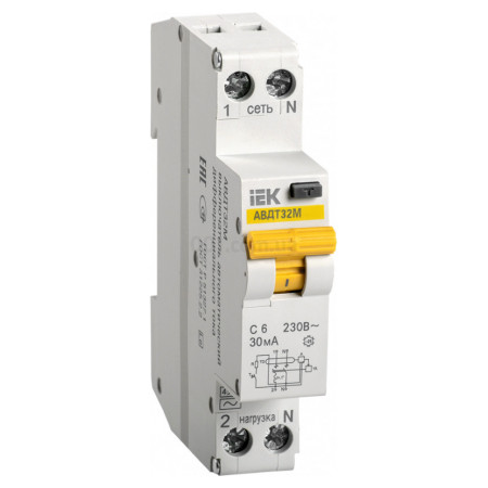 Автоматичний вимикач диференційного струму АВДТ32М 2P 6 А 30 мА хар-ка C тип AC, IEK (MAD32-5-006-C-30) фото