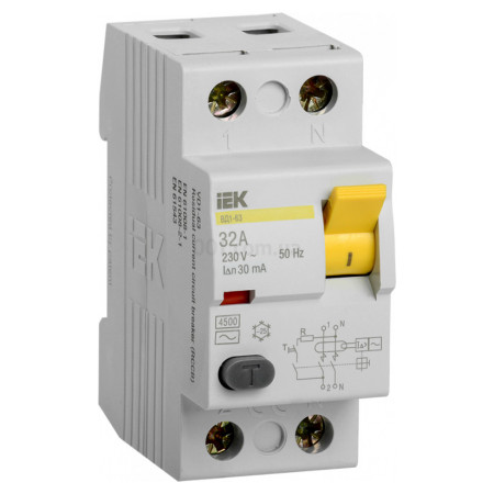 Пристрій захисного відключення (ПЗВ) ВД1-63 2P 32 А 30 мА тип AC, IEK (MDV10-2-032-030) фото