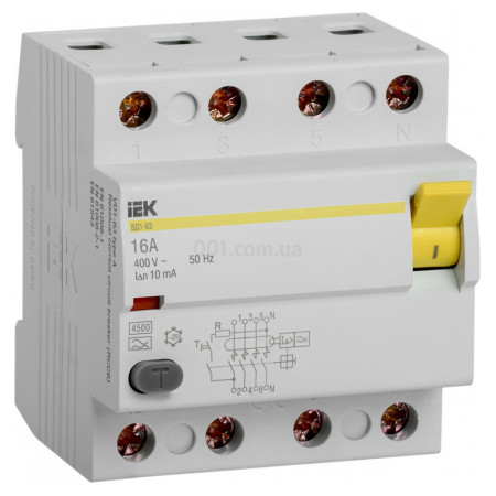Пристрій захисного відключення (ПЗВ) ВД1-63 4P 16 А 10 мА тип A, IEK (MDV11-4-016-010) фото