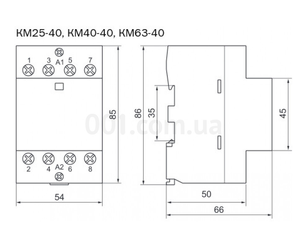 Габаритные размеры контактора модульного КМ25-40, КМ40-40, КМ63-40 IEK изображение