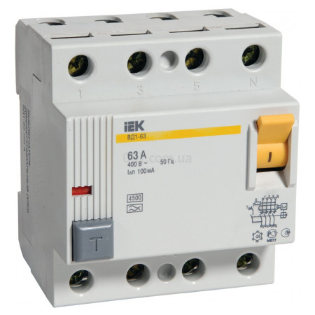 Пристрій захисного відключення (ПЗВ) ВД1-63 4P 63 А 100 мА тип A, IEK (MDV11-4-063-100) фото