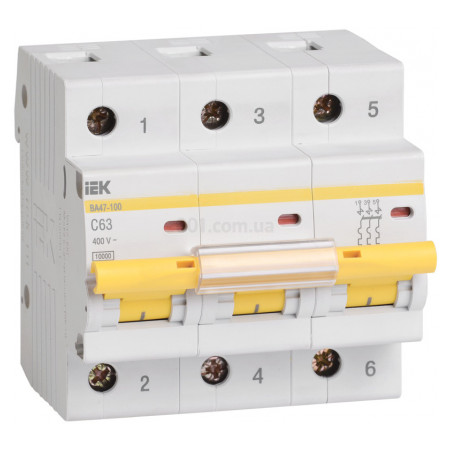 Автоматичний вимикач ВА47-100 3P 63 А х-ка C, IEK (MVA40-3-063-C) фото