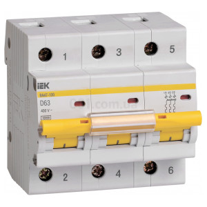 Автоматический выключатель ВА47-100 3P 63 А х-ка D, IEK (MVA40-3-063-D) фото