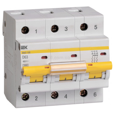 Автоматичний вимикач ВА47-100 3P 63 А х-ка D, IEK (MVA40-3-063-D) фото