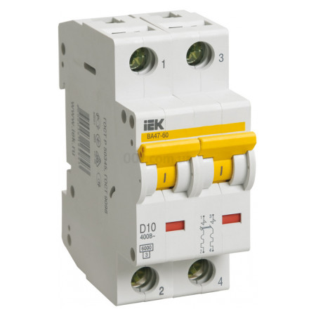Автоматичний вимикач ВА47-60 2P 10 А х-ка D, IEK (MVA41-2-010-D) фото