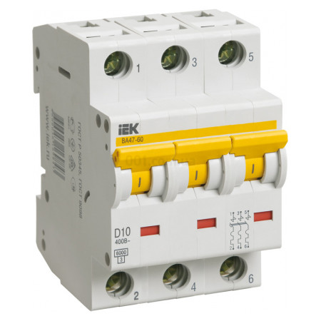 Автоматичний вимикач ВА47-60 3P 10 А х-ка D, IEK (MVA41-3-010-D) фото