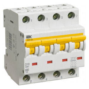 Автоматичний вимикач ВА47-60 4P 10 А х-ка D, IEK (MVA41-4-010-D) фото