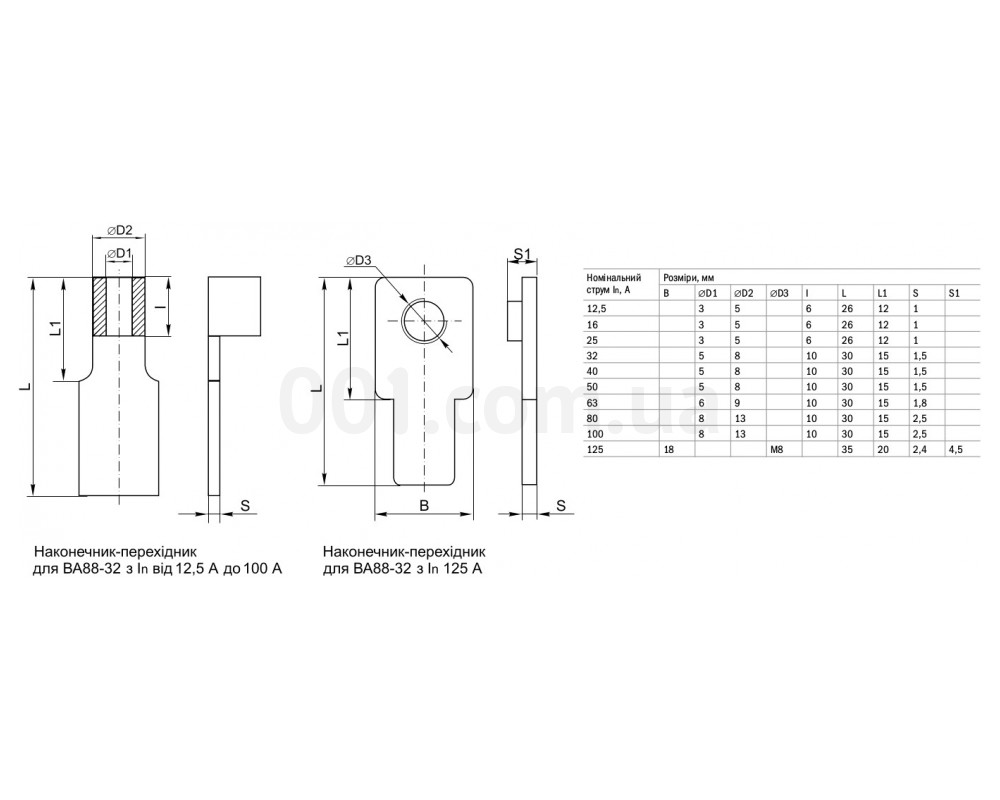 Габаритные размеры наконечников-переходников для автоматических выключателей ВА88-32 IEK изображение