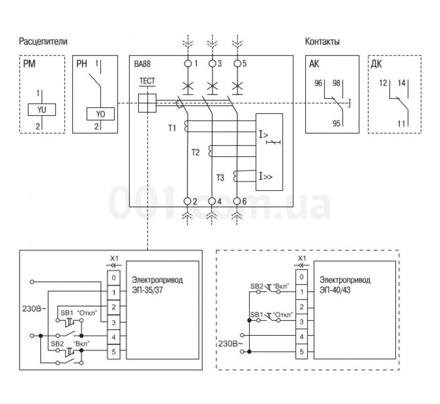 Электрическая принципиальная схема автоматического выключателя ВА88 с электронным расцепителем и дополнительными устройствами изображение