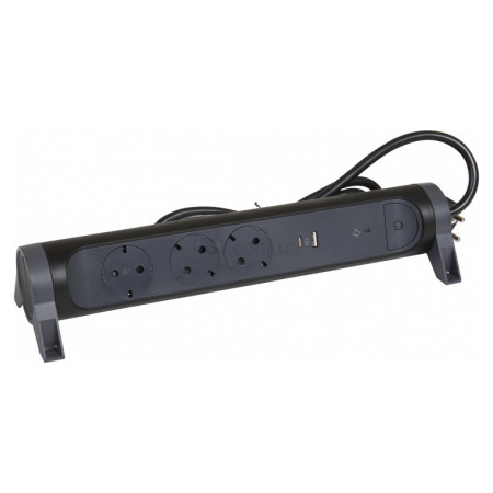Подовжувач на 3 розетки з заземленням 16А з USB A+C 1,5м з ПЗІП і вимикачем чорний, Legrand (694512) фото
