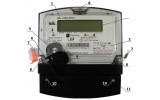 Розташування органів керування лічильника електроенергії НІК 2303 (нетарифного): 1 - виконання лічильника за видом вимірюваної енергії і схемою підключення до мережі; 2 - виконання лічильника за додатковими інтерфейсами; 3 - індикатор функціонування активної енергії; 4 - індикатор функціонування реактивної енергії; 5 - оптопорт; 6 - пломбувальний гвинт оптопорту; 7 - пломби; 8 - пломбувальні гвинти кожуха; 9 - кришка оптопорту; 10 - пломбувальні гвинти кришки затискачів; 11 - кришка затискачів; 12 - оптична кнопка «Перегляд»; 13 - РКІ зображення