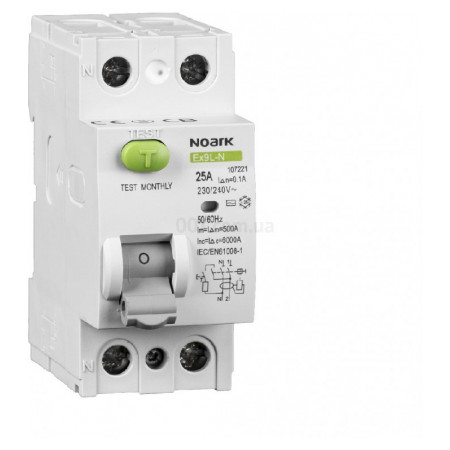 Диференційний вимикач (ПЗВ) Ex9L-N 6kA 2P 25A 100mA тип AC, NOARK (108318) фото