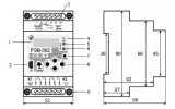 Габаритні розміри багатофункціонального реле часу РЭВ-302 Новатек. Позначення: 1 - рідкокристалічний індикатор (РКІ); 2 -роз'єм USB для зв'язку з ПК; 3 - контакти для підключення; 4 - індикатор живлення; 5 - індикатор включення реле навантаження 1-го каналу; 6 - індикатор включення реле навантаження 2-го каналу; 7 - кнопка скидання; 8 - кнопки навігації по меню; 9 - кріпильні гвинти зображення