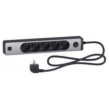 Подовжувач на 5 розеток з з/к + 2 USB алюміній/чорний 1.5м Unica Extend, Schneider Electric (ST945U1BA) фото