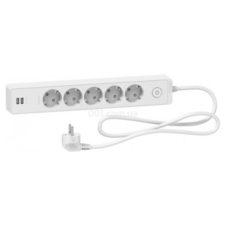 Подовжувач на 5 розеток з з/к + 2 USB білий 1.5м Unica Extend, Schneider Electric (ST945U1W) фото