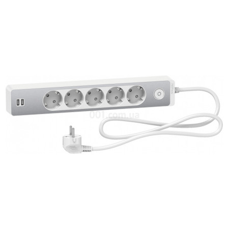 Подовжувач на 5 розеток з з/к + 2 USB алюміній/білий 1.5м Unica Extend, Schneider Electric (ST945U1WA) фото