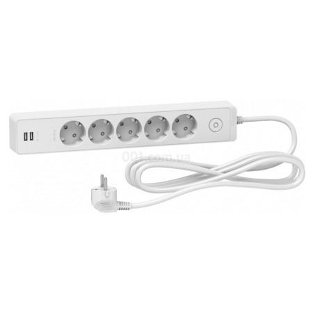 Подовжувач на 5 розеток з з/к + 2 USB білий 3м Unica Extend, Schneider Electric (ST945U3W) фото