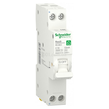 Диференційний автоматичний вимикач RESI9 6кА 1M 1P+N 16A хар-ка C 10мА тип А, Schneider Electric (R9D81616) фото