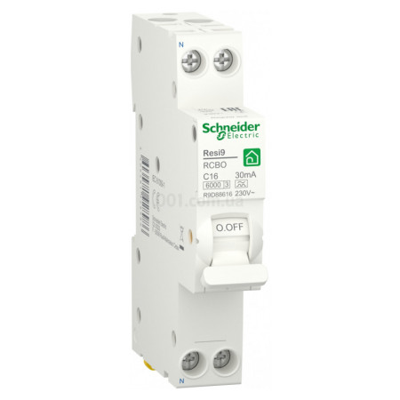 Диференційний автоматичний вимикач RESI9 6кА 1M 1P+N 16A хар-ка C 30мА тип А, Schneider Electric (R9D88616) фото