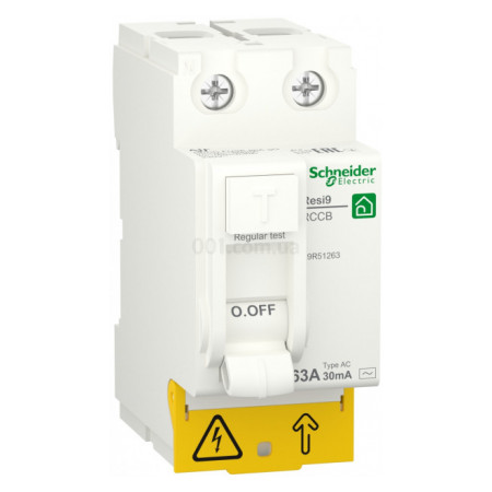 Диференційний вимикач (ПЗВ) RESI9 2P 63A 30mA тип AC, Schneider Electric (R9R51263) фото
