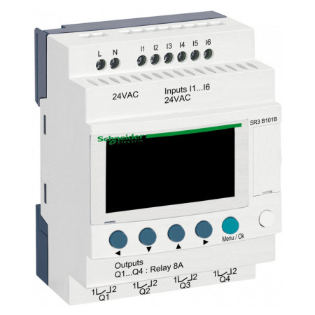 Программируемое реле (ПЛК) Zelio Logic 6 вх./4 вых. 24В AC дисплей+часы, Schneider Electric (SR3B101B) фото