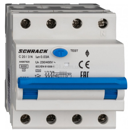 Автоматичний вимикач диференційного струму AMPARO 6кА/30мА 3P+N 20A х-ка C Тип A, Schrack Technik (AK667820--) фото