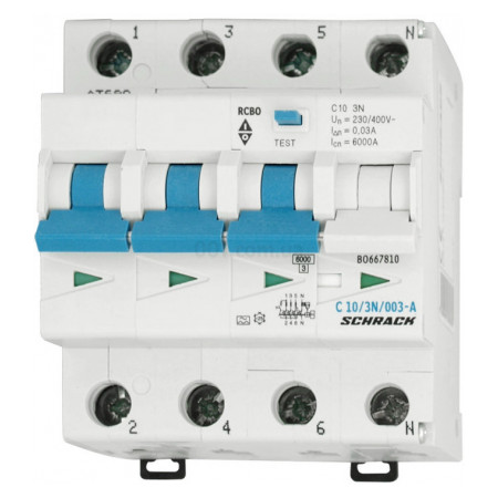 Автоматичний вимикач диференційного струму 6кА/30мА 3P+N 10A х-ка C тип A, Schrack Technik (BO667810--) фото