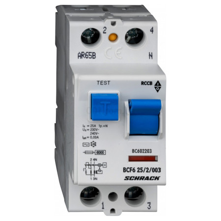 Пристрій захисного відключення (ПЗВ) 6кА/30мА 2P 25А тип AC, Schrack Technik (BC602203--) фото
