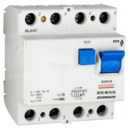 Пристрій захисного відключення (ПЗВ) 6кА/300мА 4P 40А тип AC, Schrack Technik (BC604130--) фото