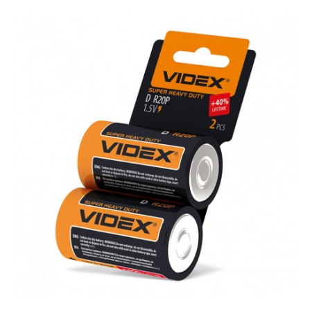 Батарейка солевая R20P/D упаковка shrink card 2 шт., VIDEX (21152) фото